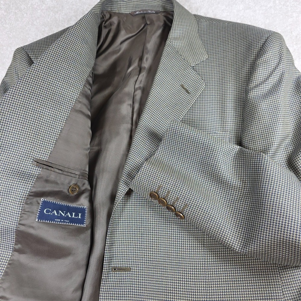 Canali Sport Coat Mens 48R Olive Tan Houndstooth Silk Wool Blazer Italy